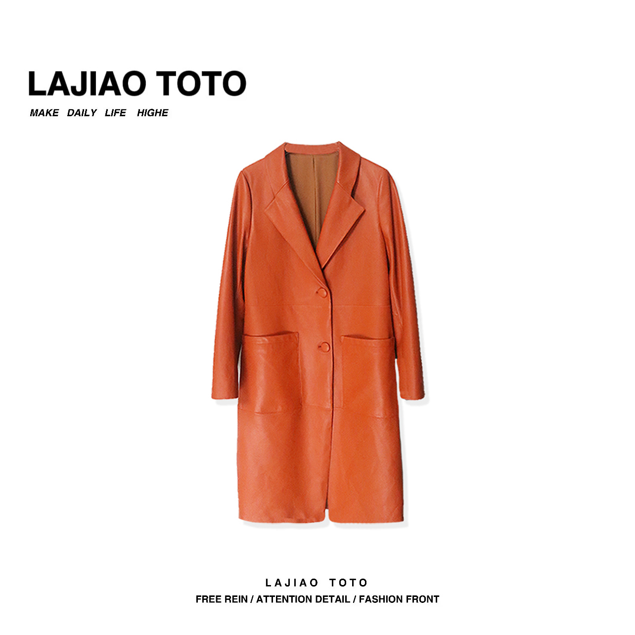 【艺洋穿搭】LAJIAO TOTO修身长款单排扣真皮皮衣风衣外套#20224