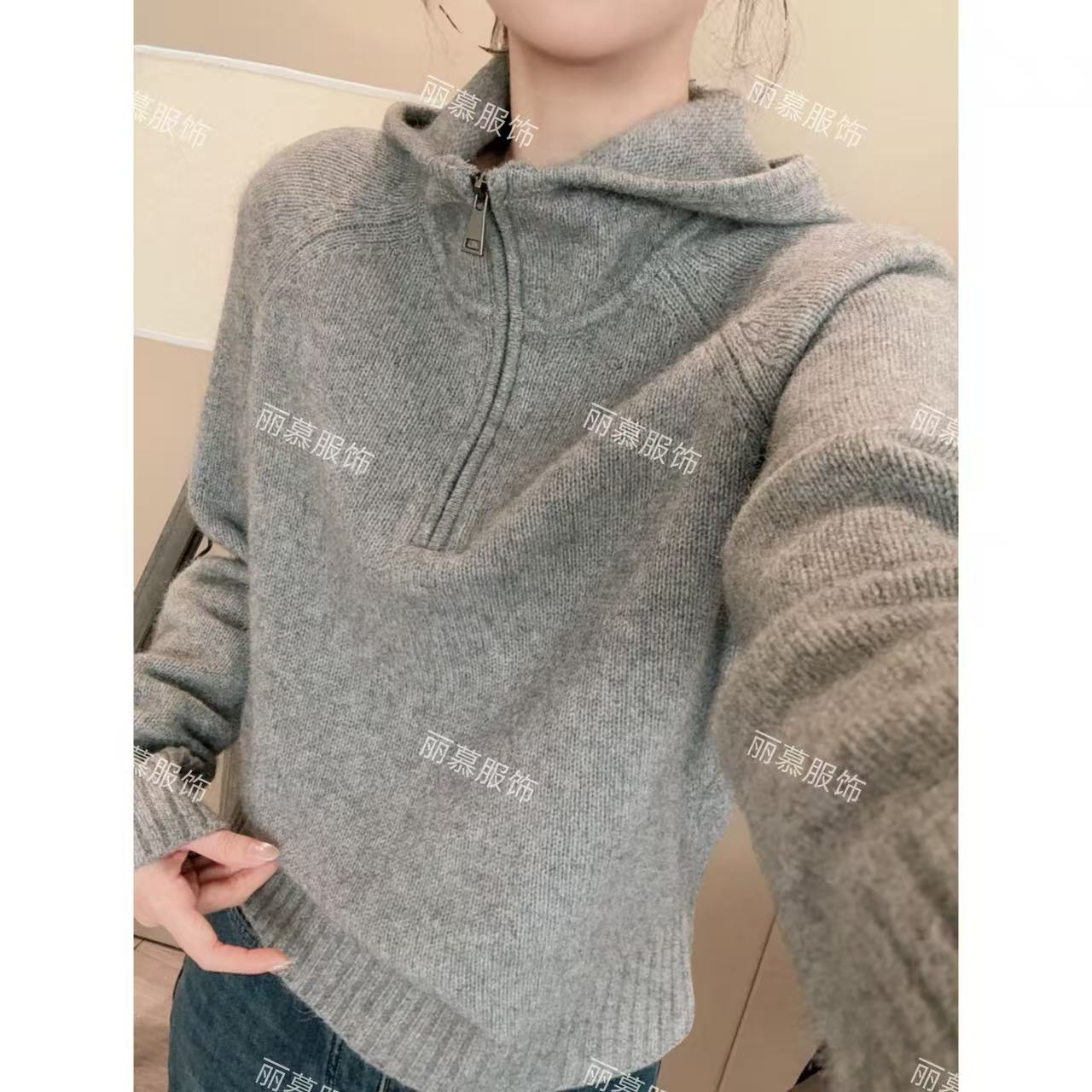 【雾都恋人】慵懒时髦休闲半拉链连帽衫毛衣女2560