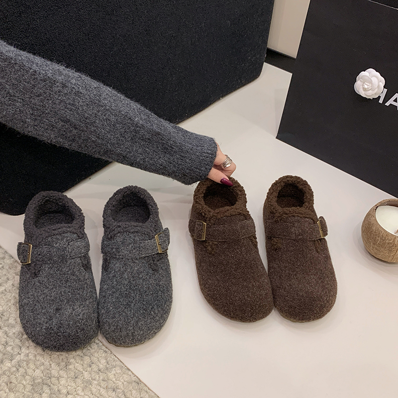 全包灰色毛呢勃肯鞋女2025秋冬新款一脚蹬懒人鞋加绒鞋子博肯棉鞋