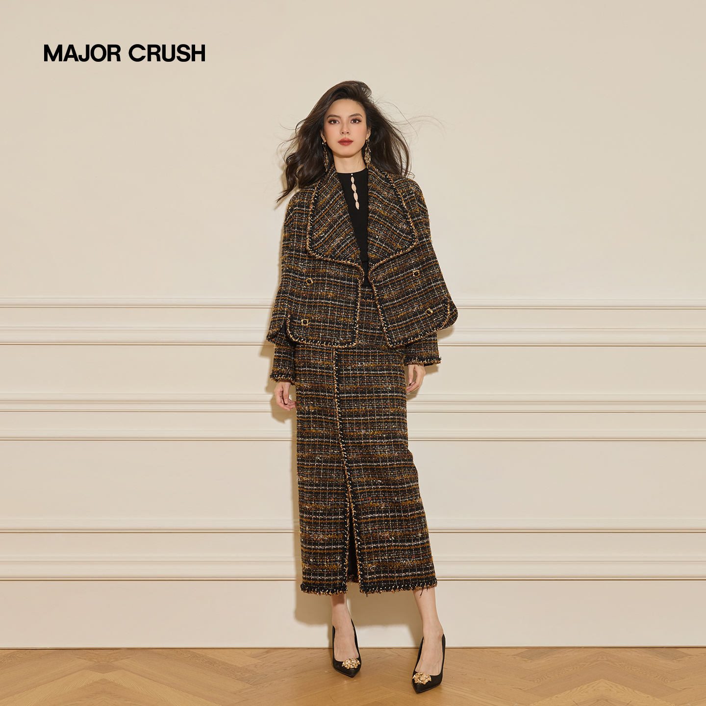 MAJOR CRUSH冬季新款日暮西沉小香风套装经典粗花呢优雅套裙75939