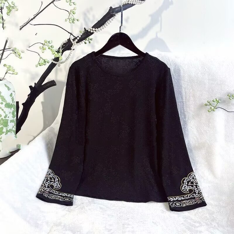 056-秋冬新品上衣刺绣长袖国风圆领中式气质新款提花打底