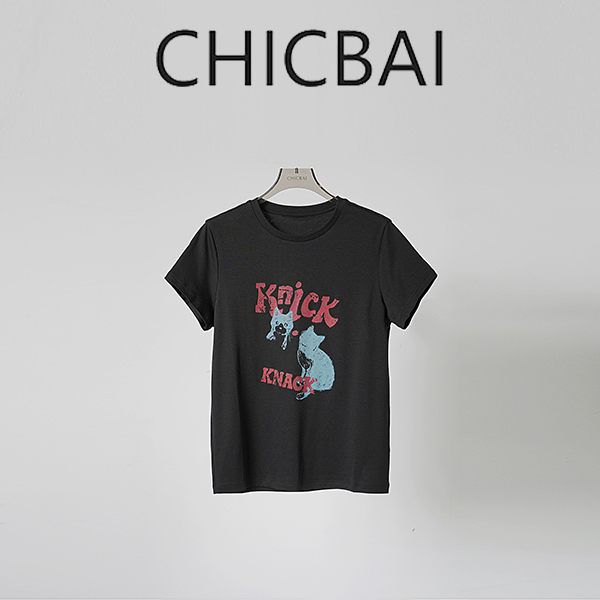 CHICBAI 猫咪涂鸦印花 100%新疆长绒棉T恤
