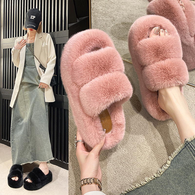 2025春秋新款小个子松糕厚底增高毛绒茸茸棉拖鞋女外穿居家毛毛鞋