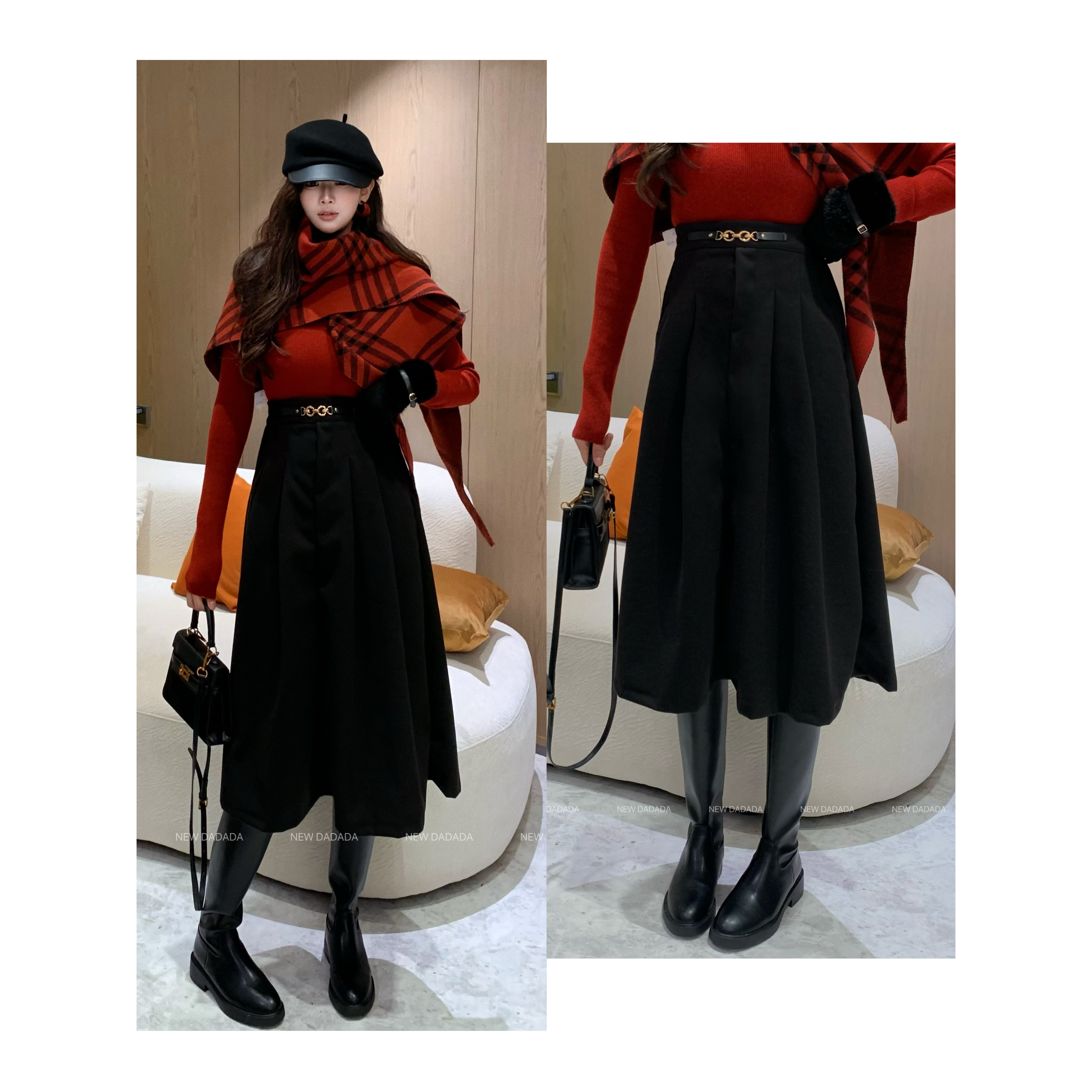 利达 NEW DADADA 复古金链黑伞裙气质设计感显瘦半身裙JEM4286