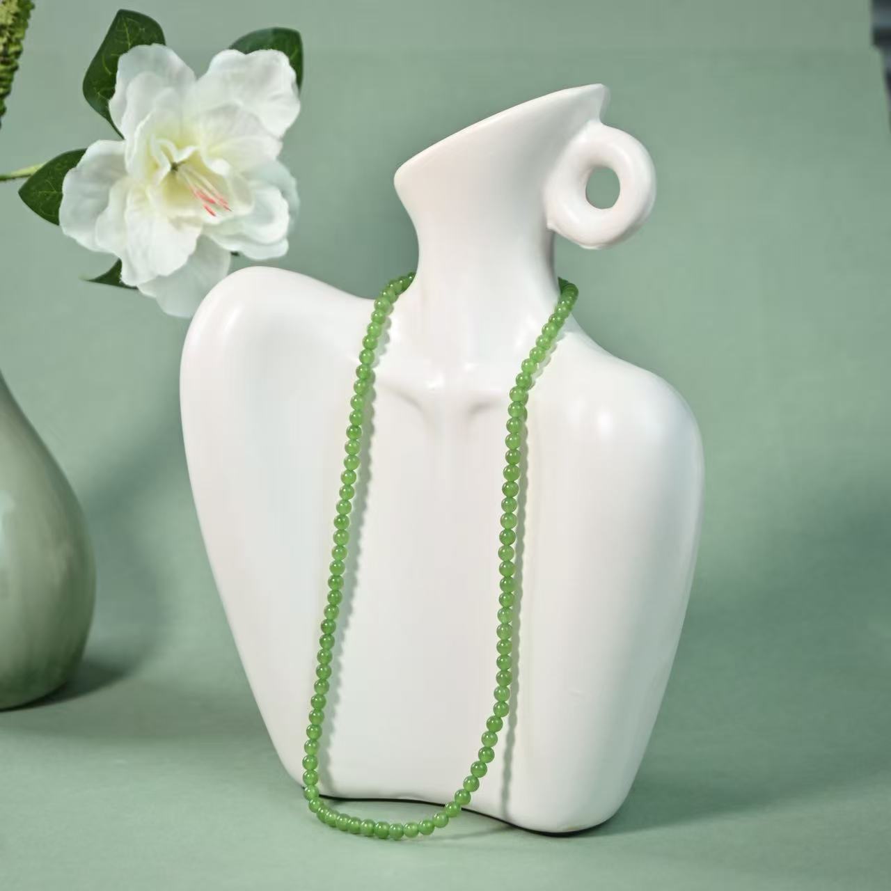 白沙设计【小米辣】和田玉碧玉果绿锁骨链4mm多样性发其一X0101