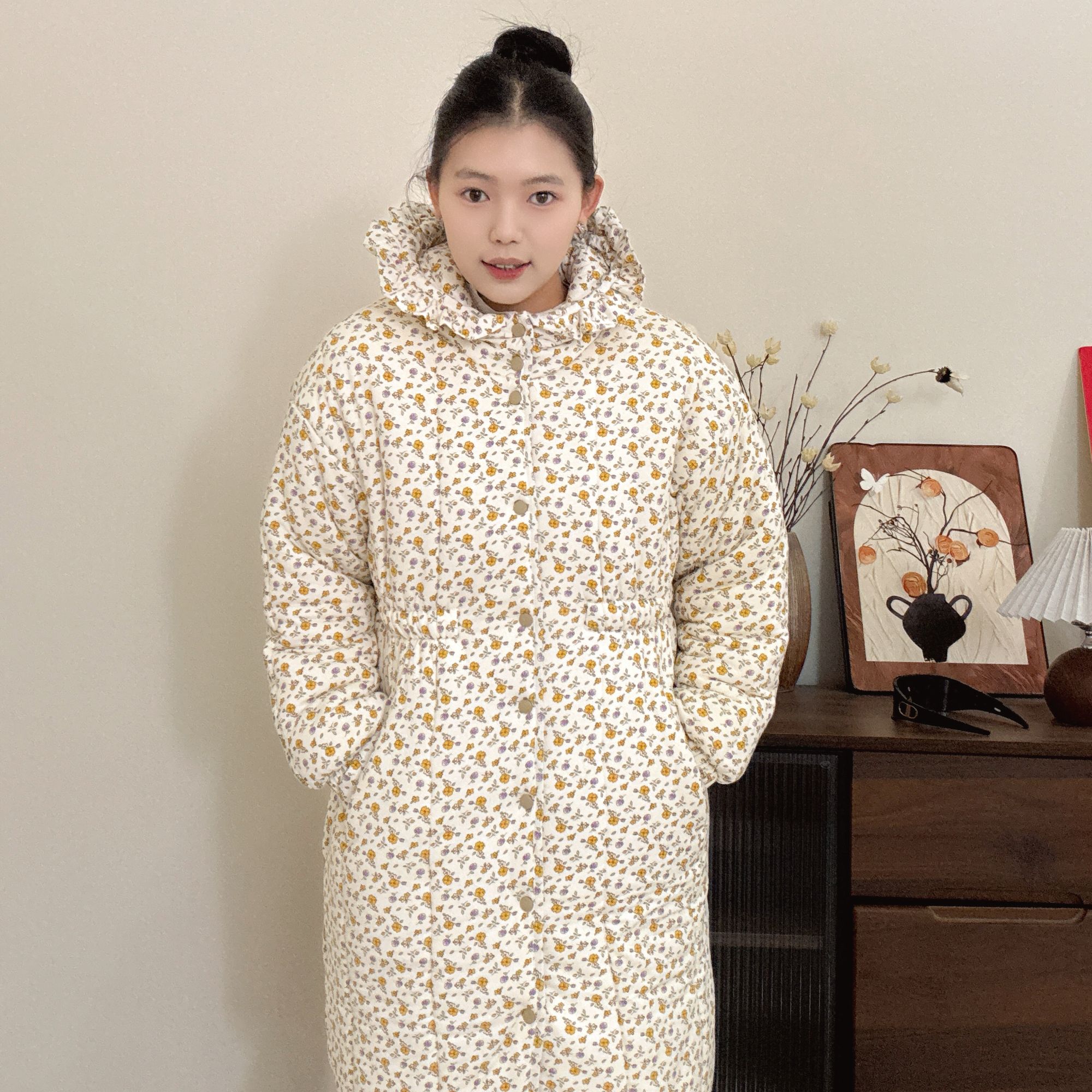 JY新疆棉花【黄色小碎花】收腰花边帽中长款宽松家居服女保暖棉衣七