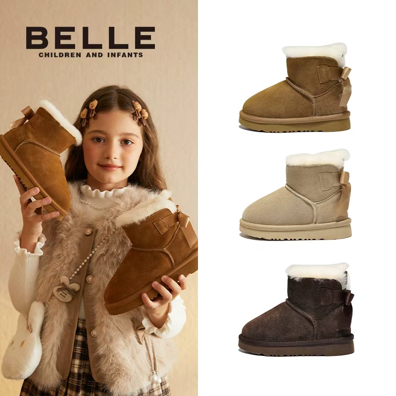百丽儿童新款时尚加厚雪地靴宝宝时尚棉鞋圆头短靴潮流童鞋RK0392