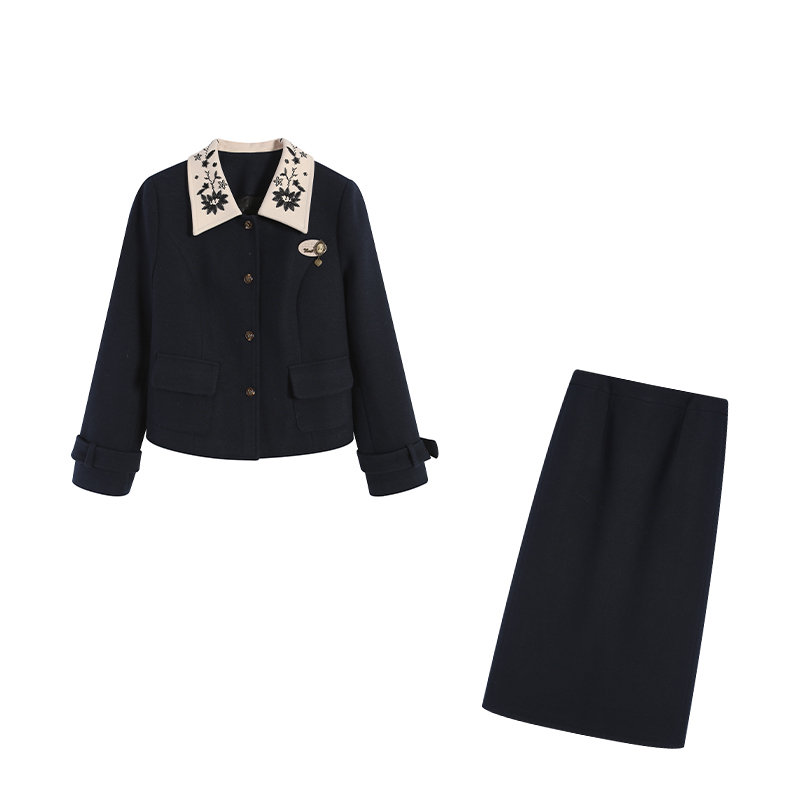 五季家大码女装法式藏青色棉上衣+藏青色长半裙两件套ZL113302