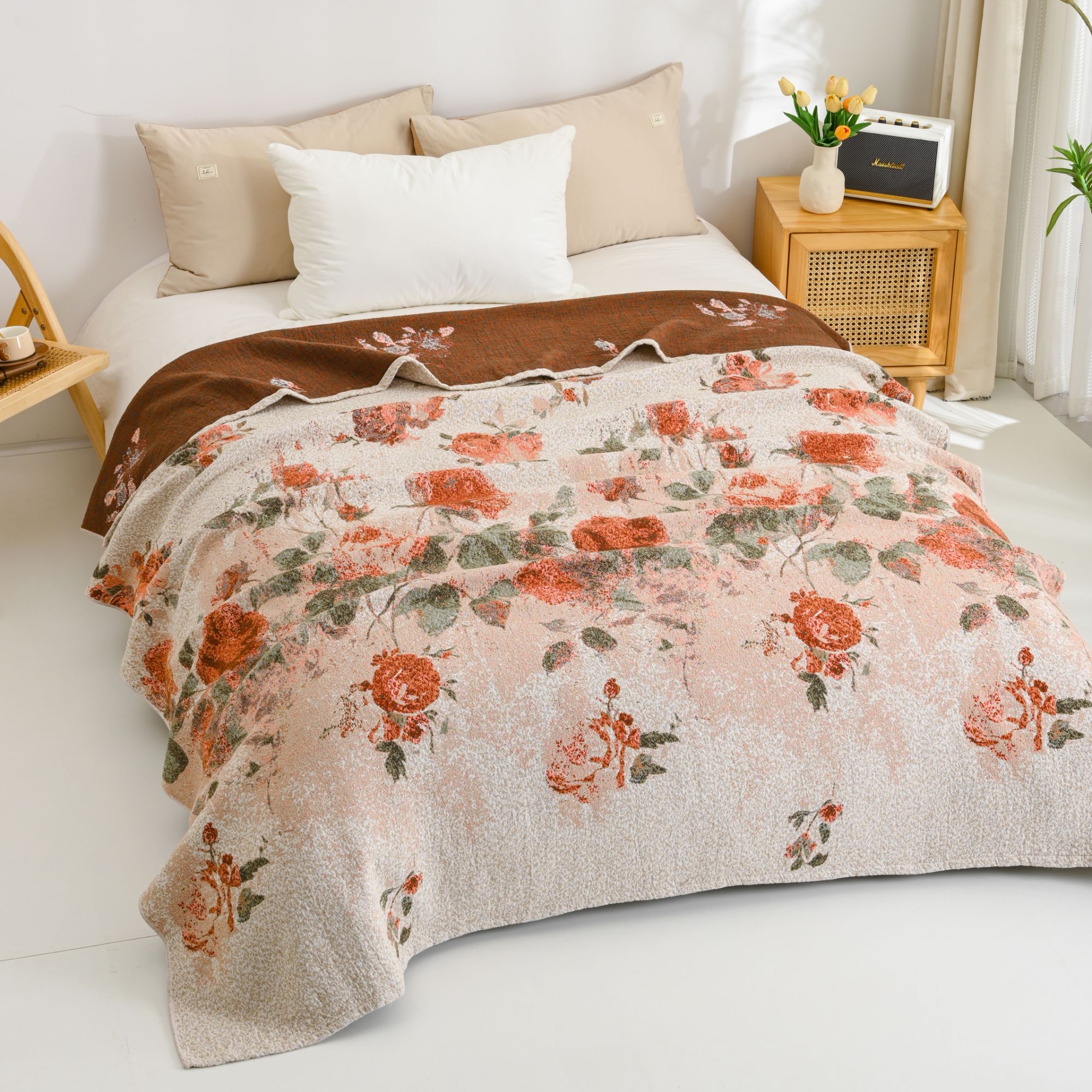 M【油墨玫瑰】200*230cm雨露麻精梳纱布四季通用多功能床盖透气机洗