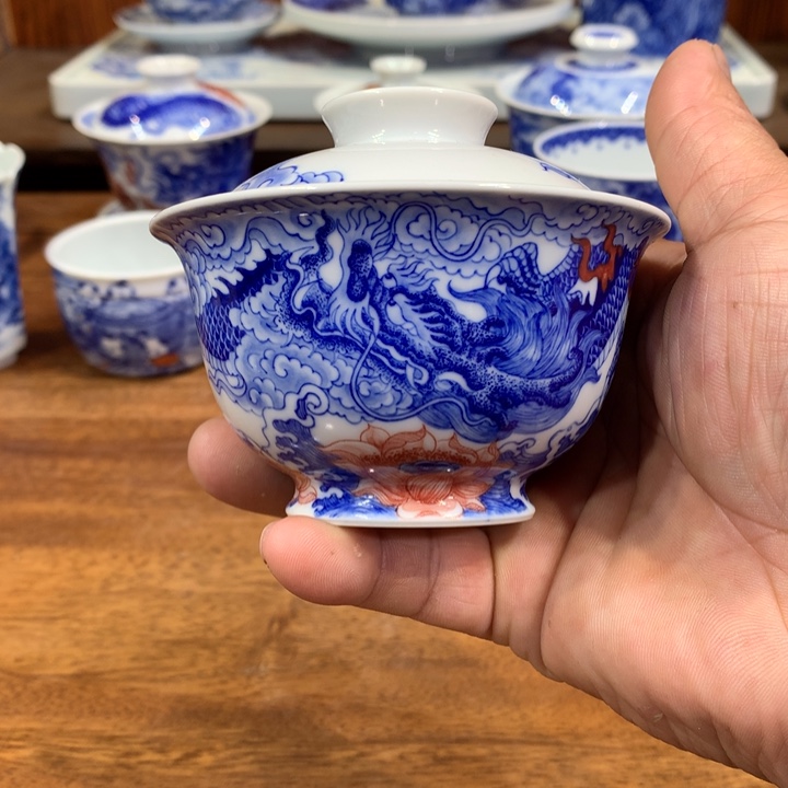 自成堂柴窑青花龙凤盖碗