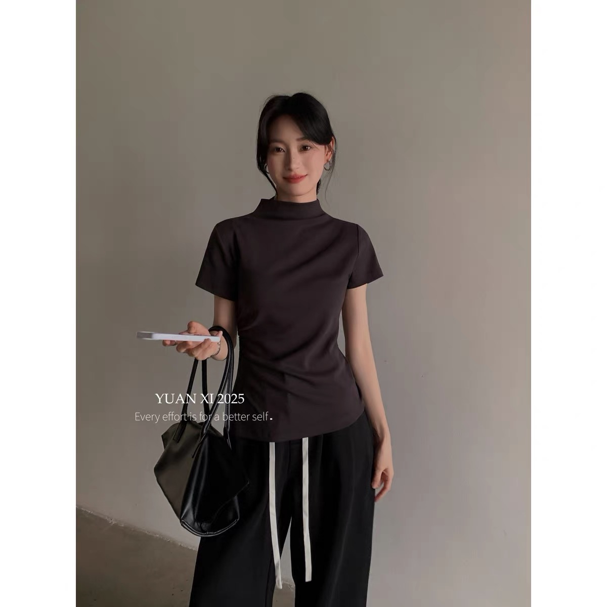 半高领不规则褶皱短袖T恤女夏季2025新款修身显瘦简约气质上衣