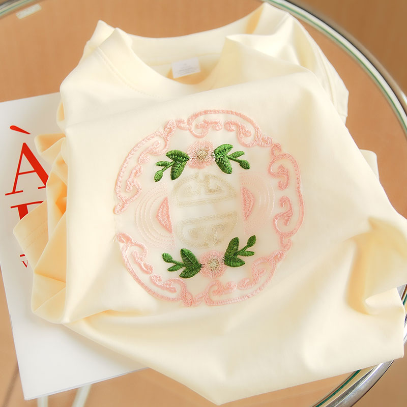 新中式国潮风白色刺绣100%纯棉短袖t恤女半袖男女同款中国风ins