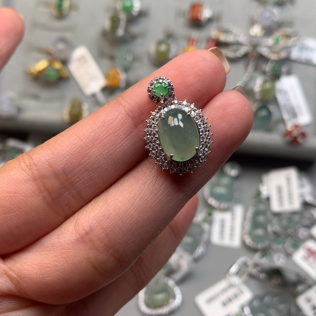 翡翠银S925镶嵌戒指吊坠