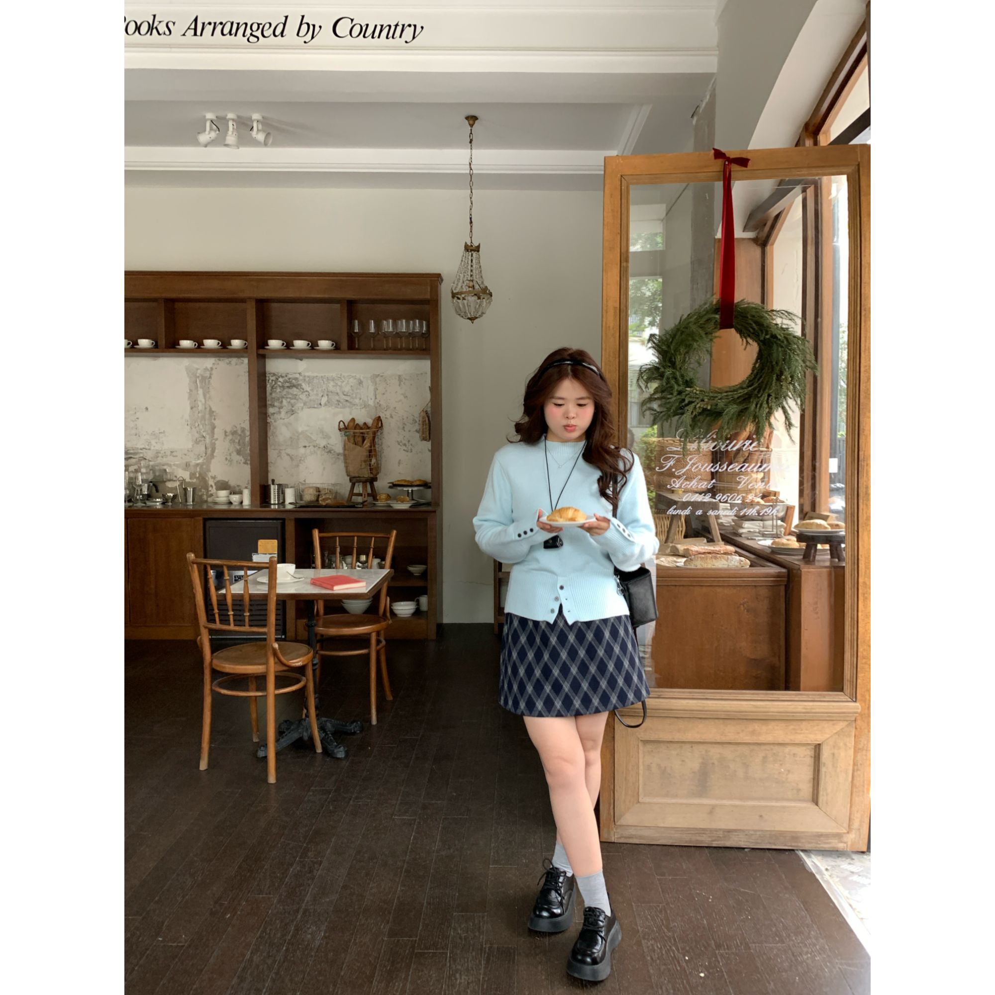 【经典格纹】大头婷丫丫微胖蓝色菱格复古百搭高腰A字半身裙 M2019