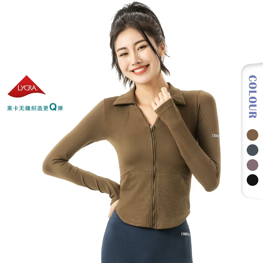 （气质翻领--显瘦瑜伽外套）新款莱卡瑜伽服女秋冬款V领拉链运动服