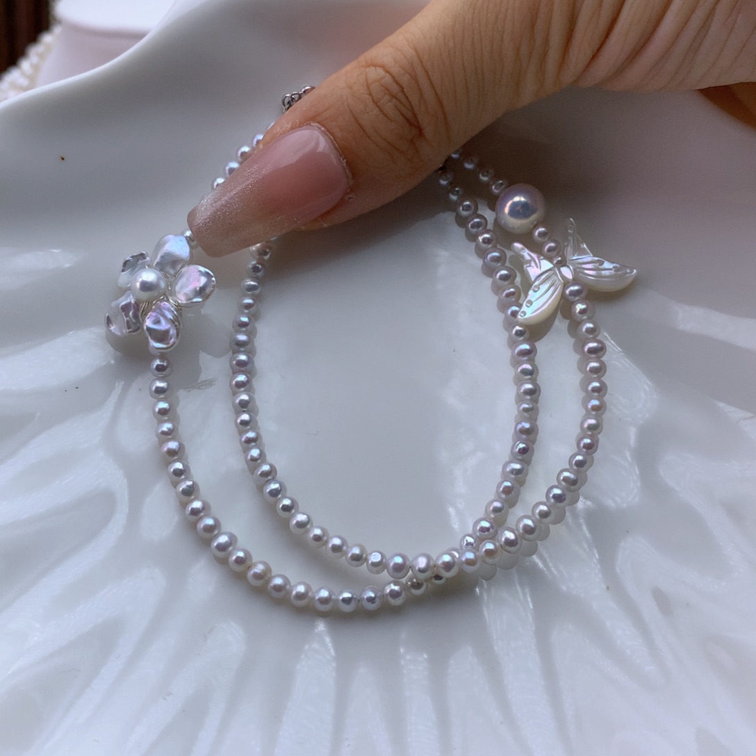 项链银S925镶嵌淡水珍珠