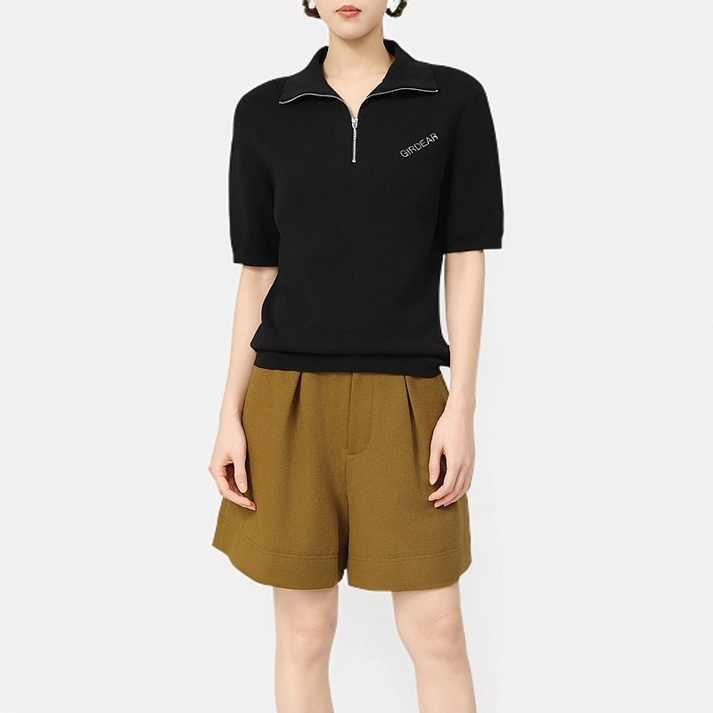 GIRDEAR/哥弟新款休闲短袖logo衬衣翻领百搭拉链显瘦T恤138004