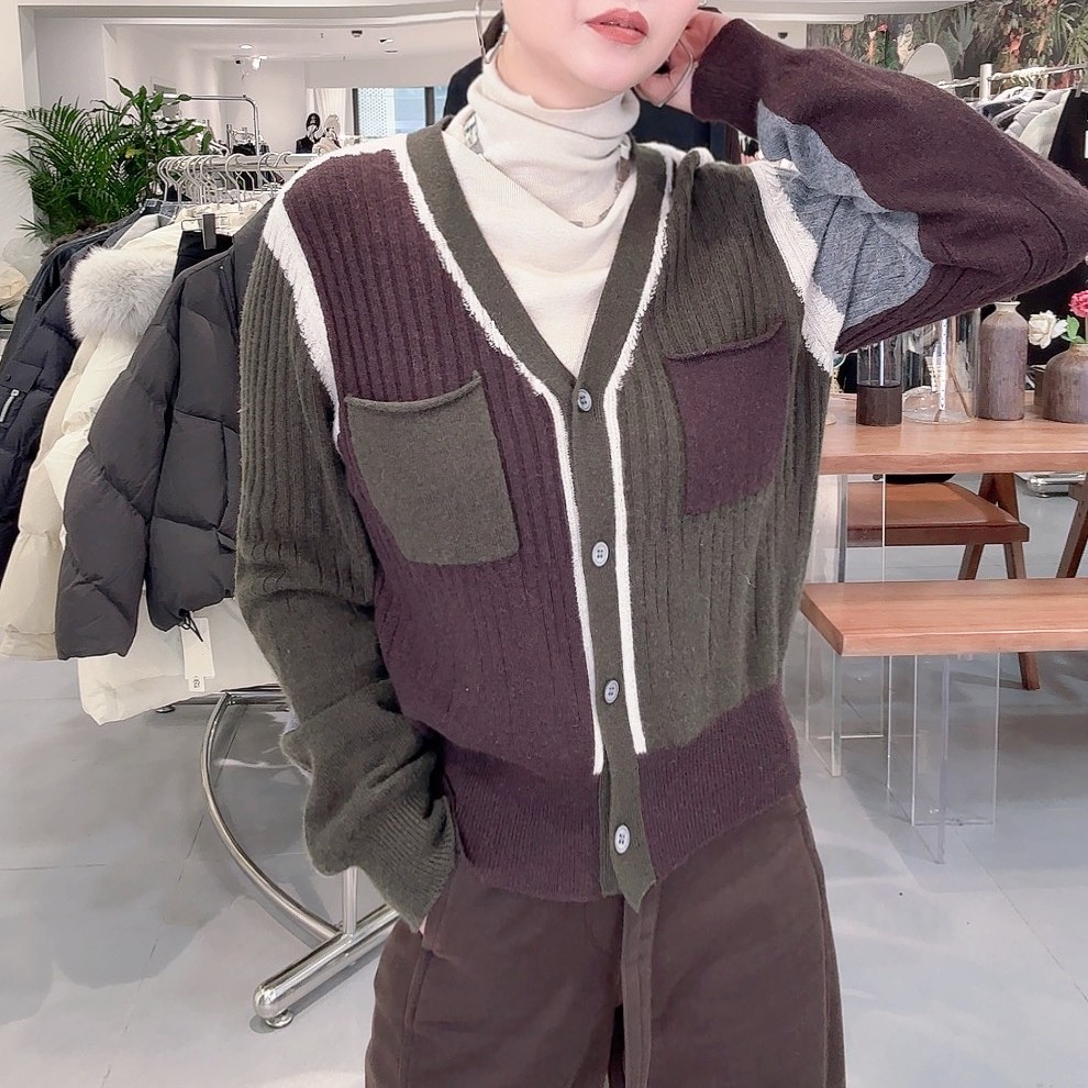 秋冬软糯百搭V领拼接针织开衫女上衣