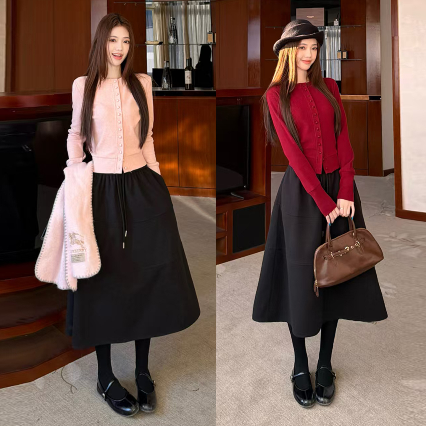 2026新款圣诞穿搭连衣裙子女秋冬季红色针织开衫两件套装新年战袍