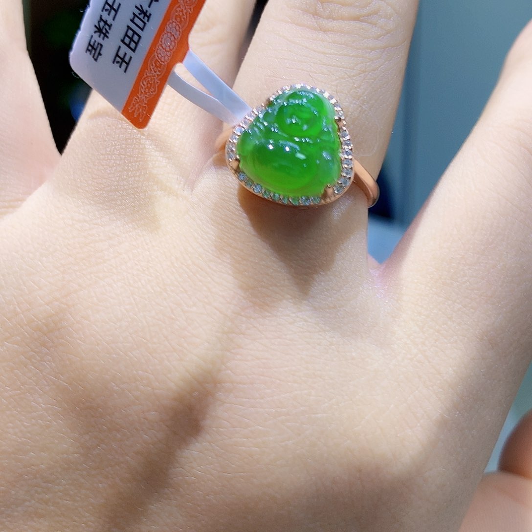 和田玉（碧玉）戒指银S925镀金镶嵌