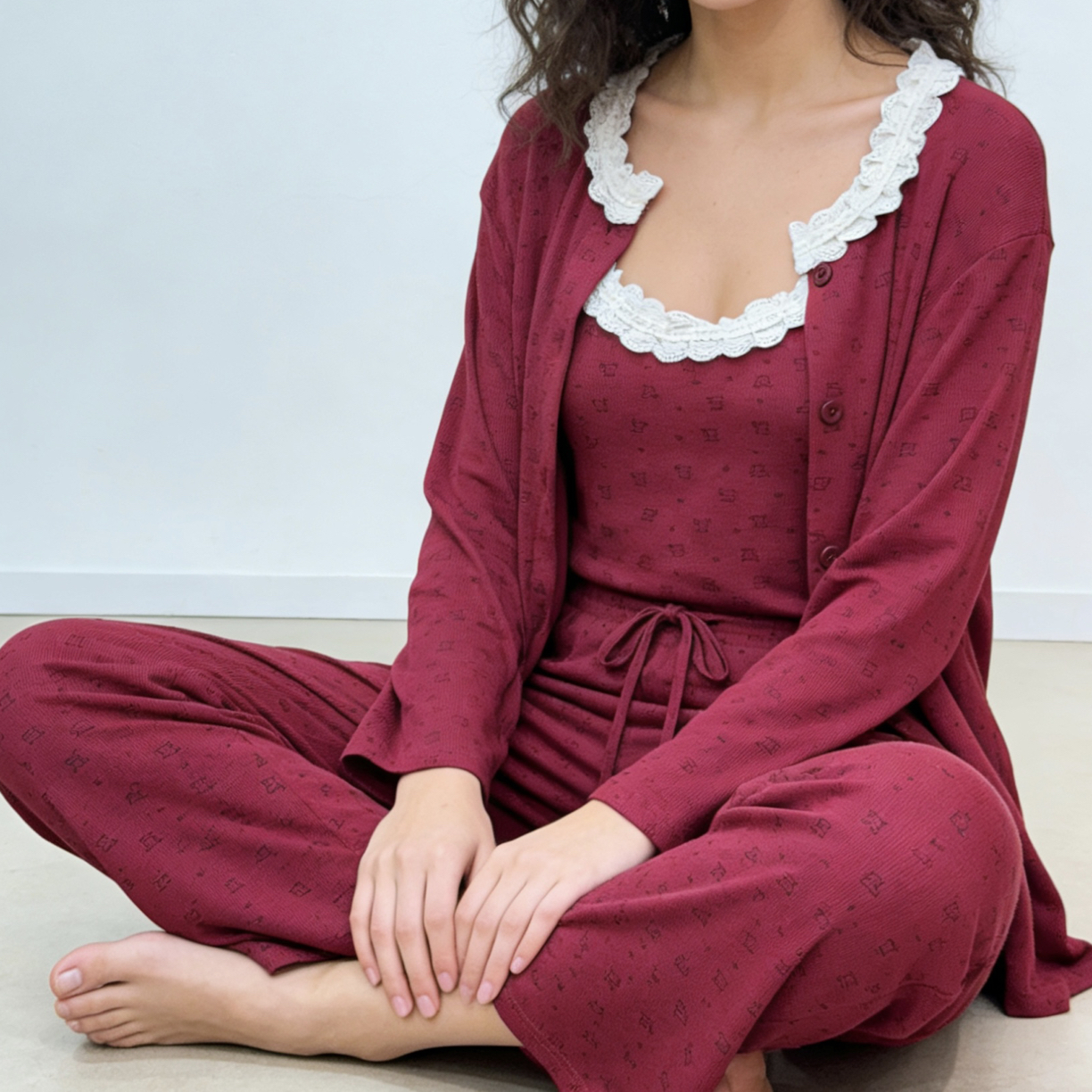 莫代尔带胸垫长袖长裤甜美可爱可外穿家居服三件套