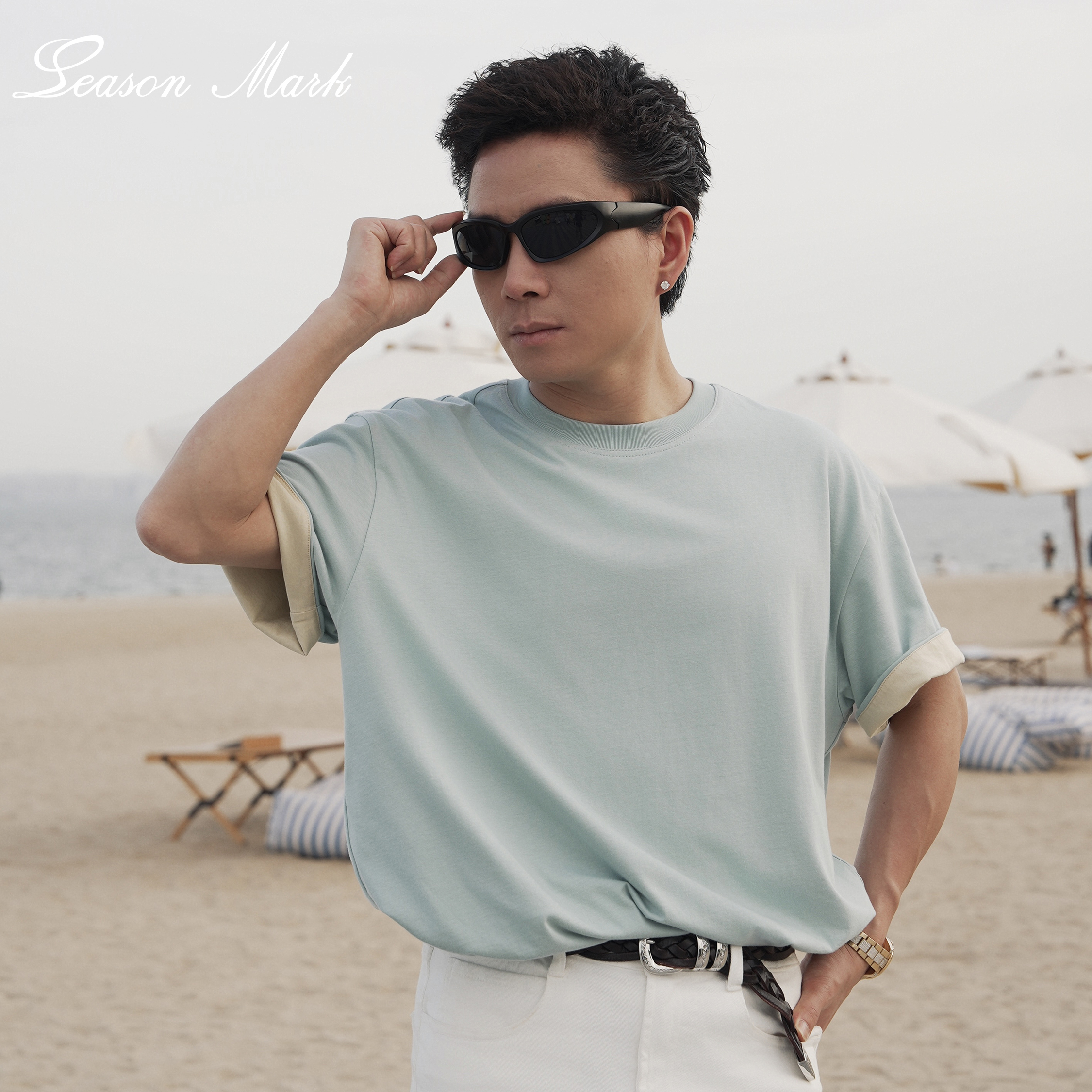 SEASONMARK新款湖水绿双层时尚短袖潮流纯色休闲百搭情侣同款T恤