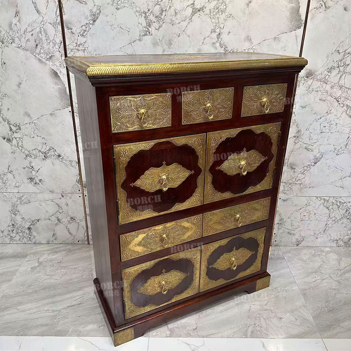 308博瑞奇进口黄檀木嵌铜边柜客厅五抽收纳柜玄关四门置物柜09830
