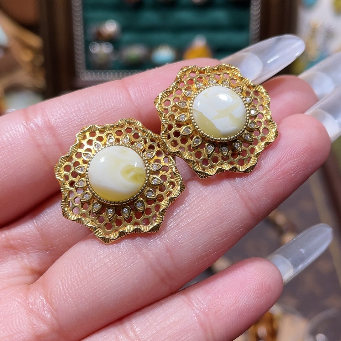 琥珀银S925镀金镶嵌耳饰耳钉