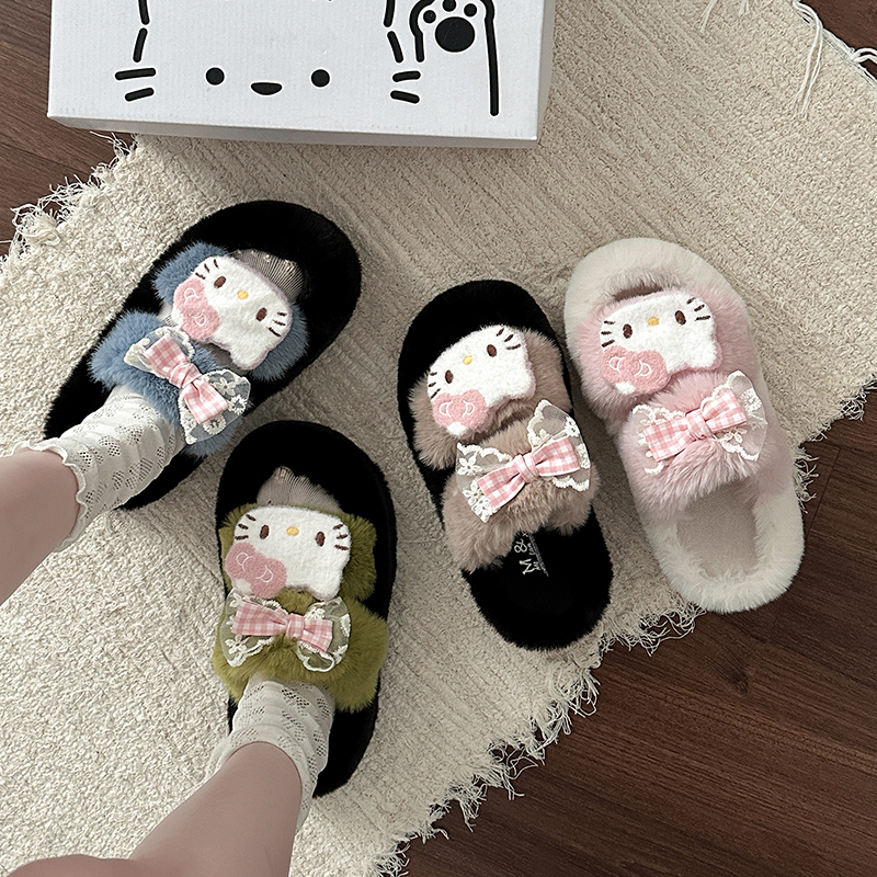 可爱卡通凯蒂猫厚底毛毛拖鞋女外穿2025新款秋冬季家居加绒棉拖鞋