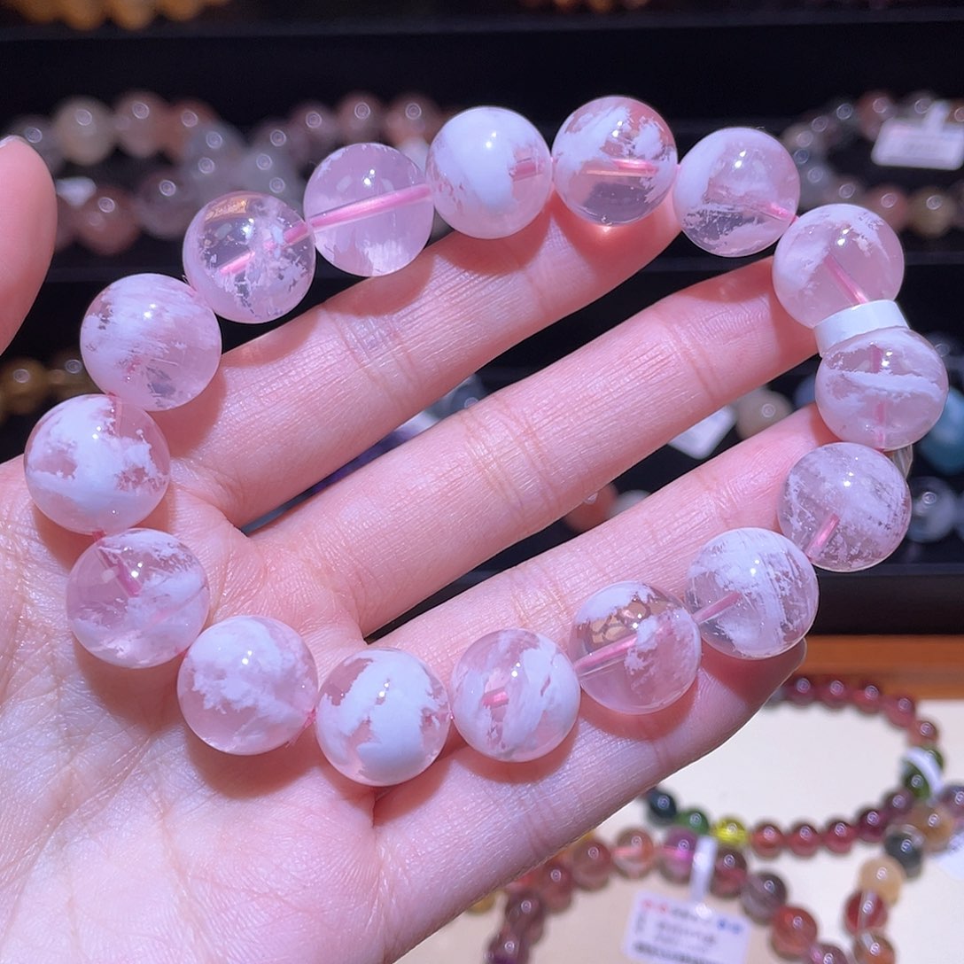 水晶手链未镶嵌粉雪花幽灵手链，晶体通透13.8