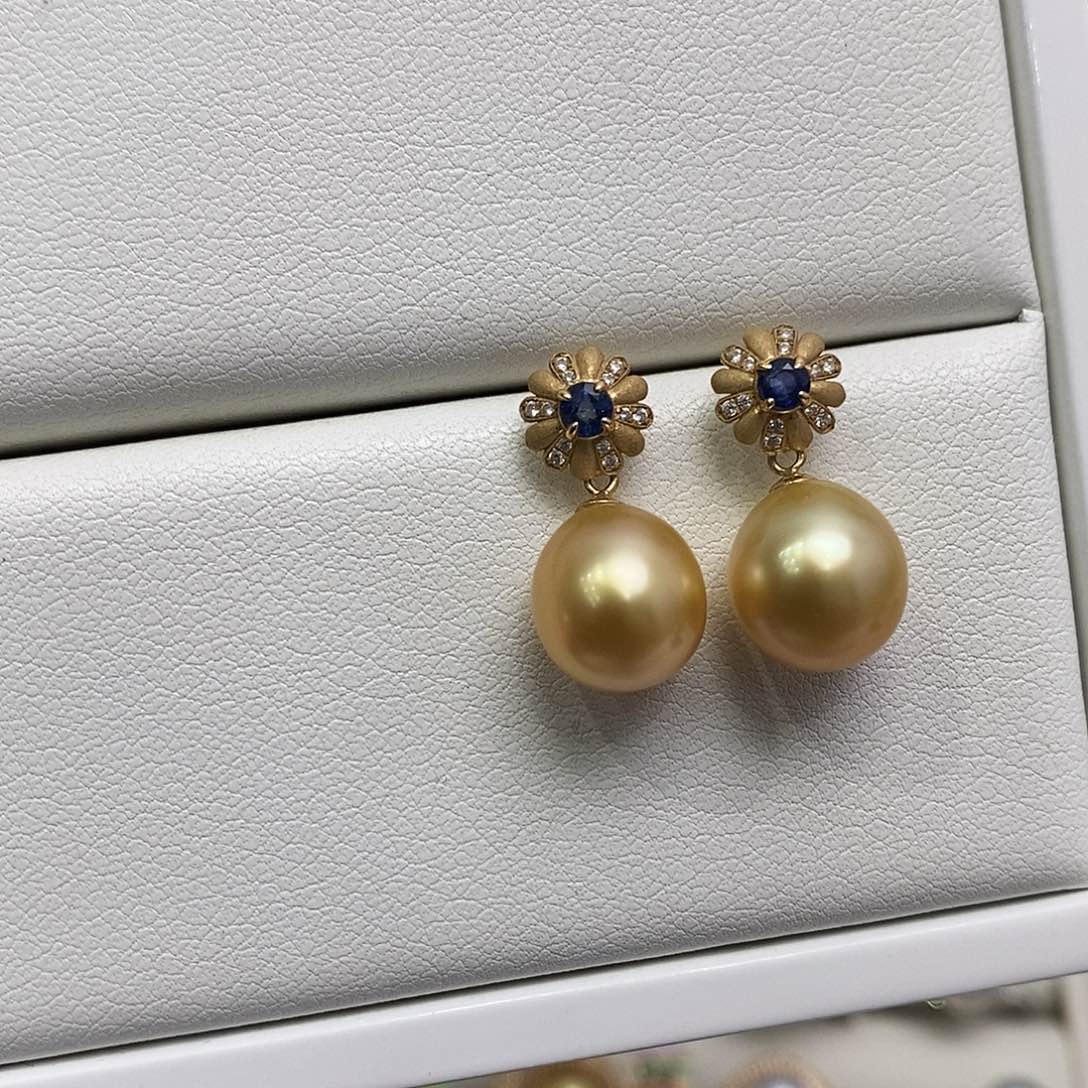 海水珍珠耳饰18K金镶嵌钻 石蓝宝10mm