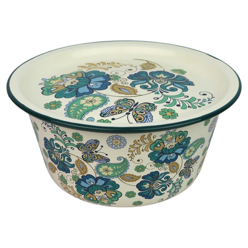 【18cm平盖繁花】厚珐琅搪怀旧盖盆带盖碗绞肉馅和面盆带盖熬药猪油