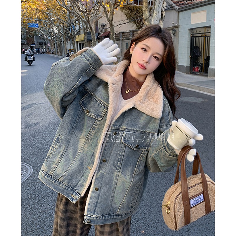 港风复古牛仔外套女冬季2025新款设计感炸街时尚加绒加厚派克棉服