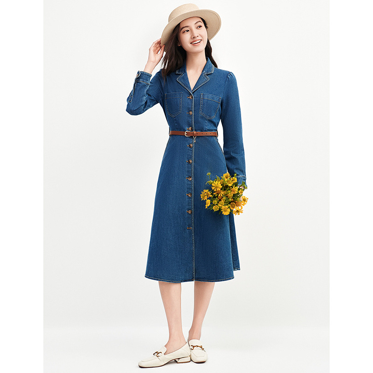 【安雅专属】【通勤丹宁风】秋季新款西装领牛仔连衣裙百搭款A字裙