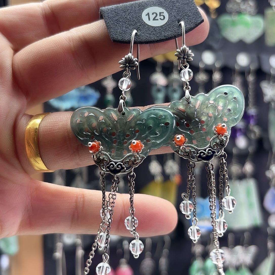 翡翠耳饰银S925镶嵌莹*贝