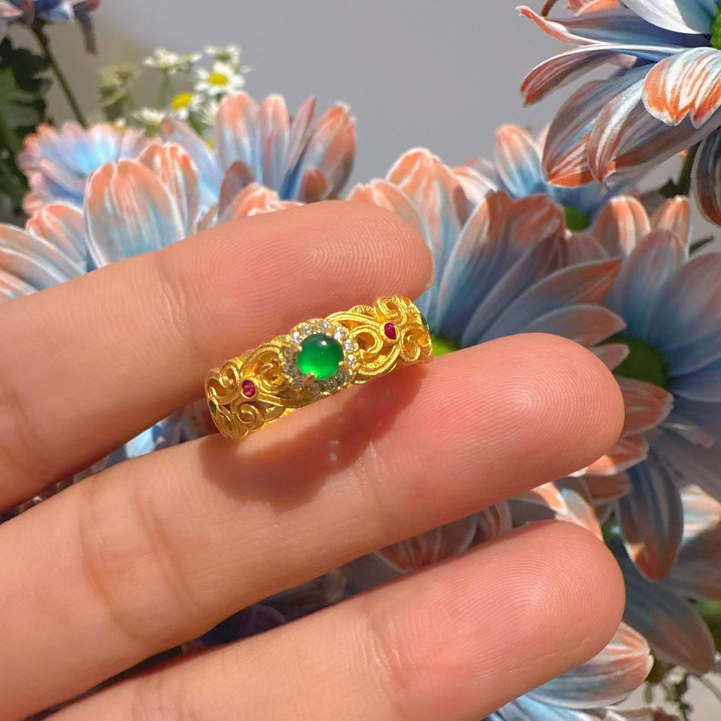 天然A货翡翠戒指 S925银镶嵌金色时尚复古百搭开口戒