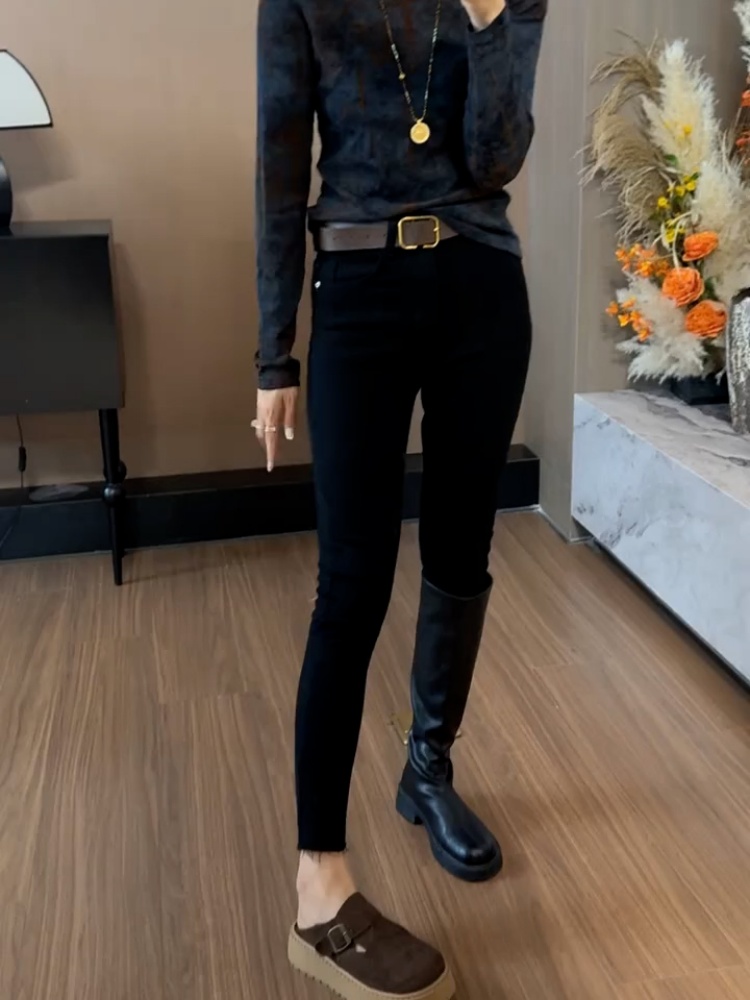 黑色高腰牛仔裤女2025秋冬新款加绒显瘦紧身弹力小个子九分小脚裤