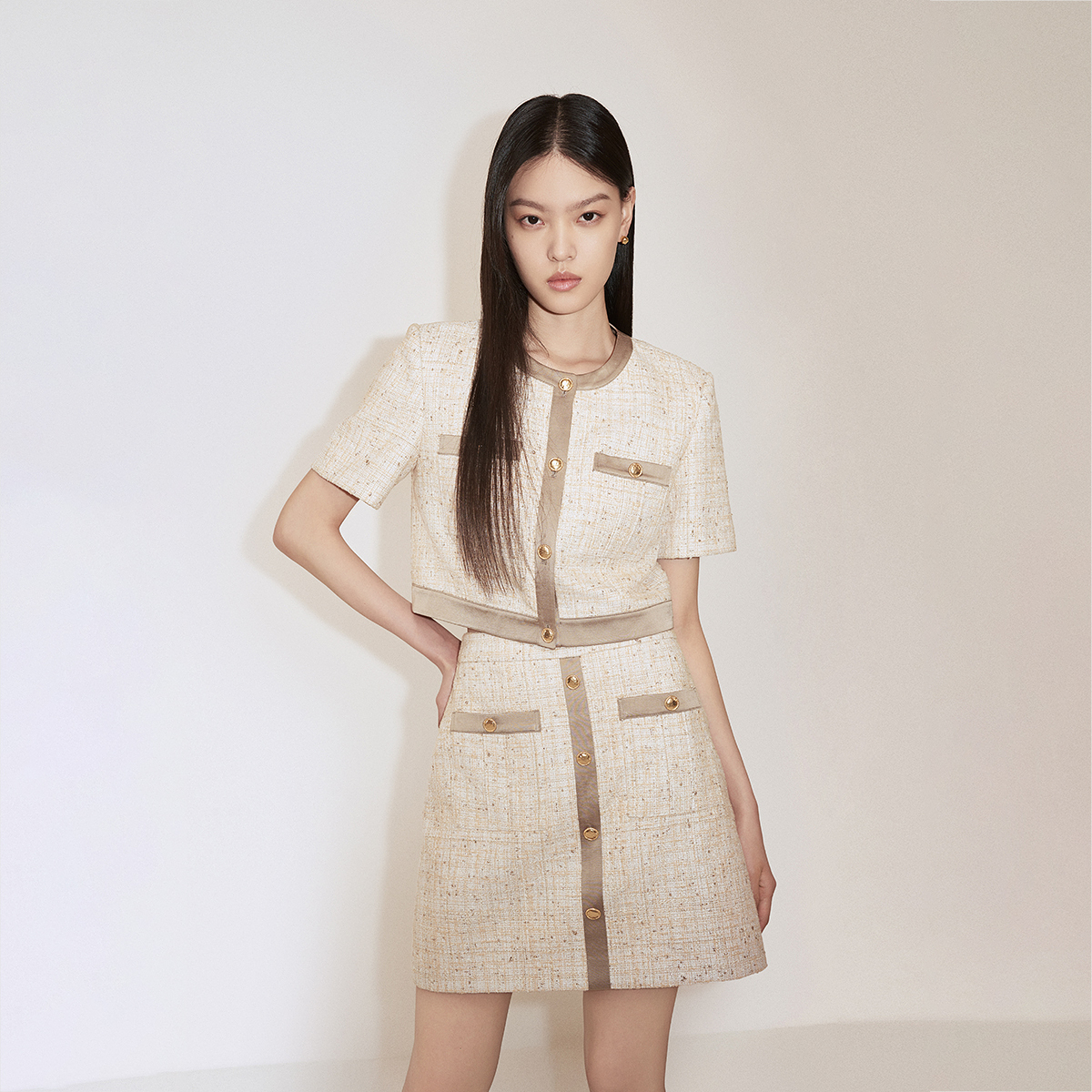 159260【丽公主】欧时力金葱小香风外套裙套装短款高级复古秋季