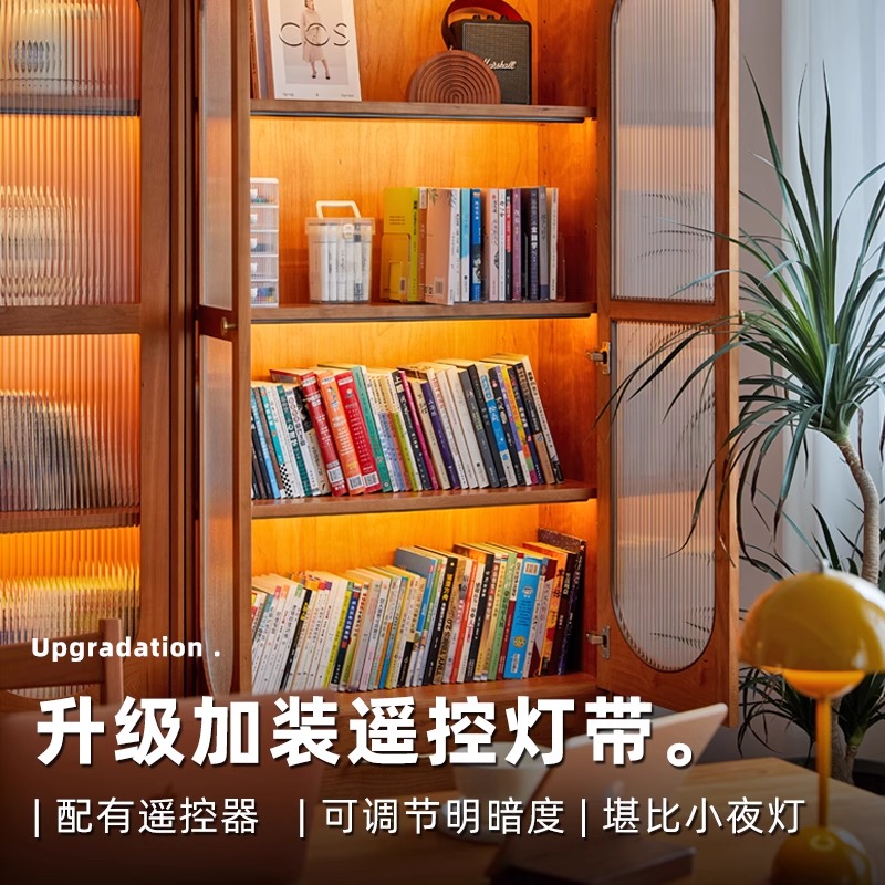 晴天全实木书柜玻璃门展示柜落地靠墙书橱樱桃木收纳中古书架
