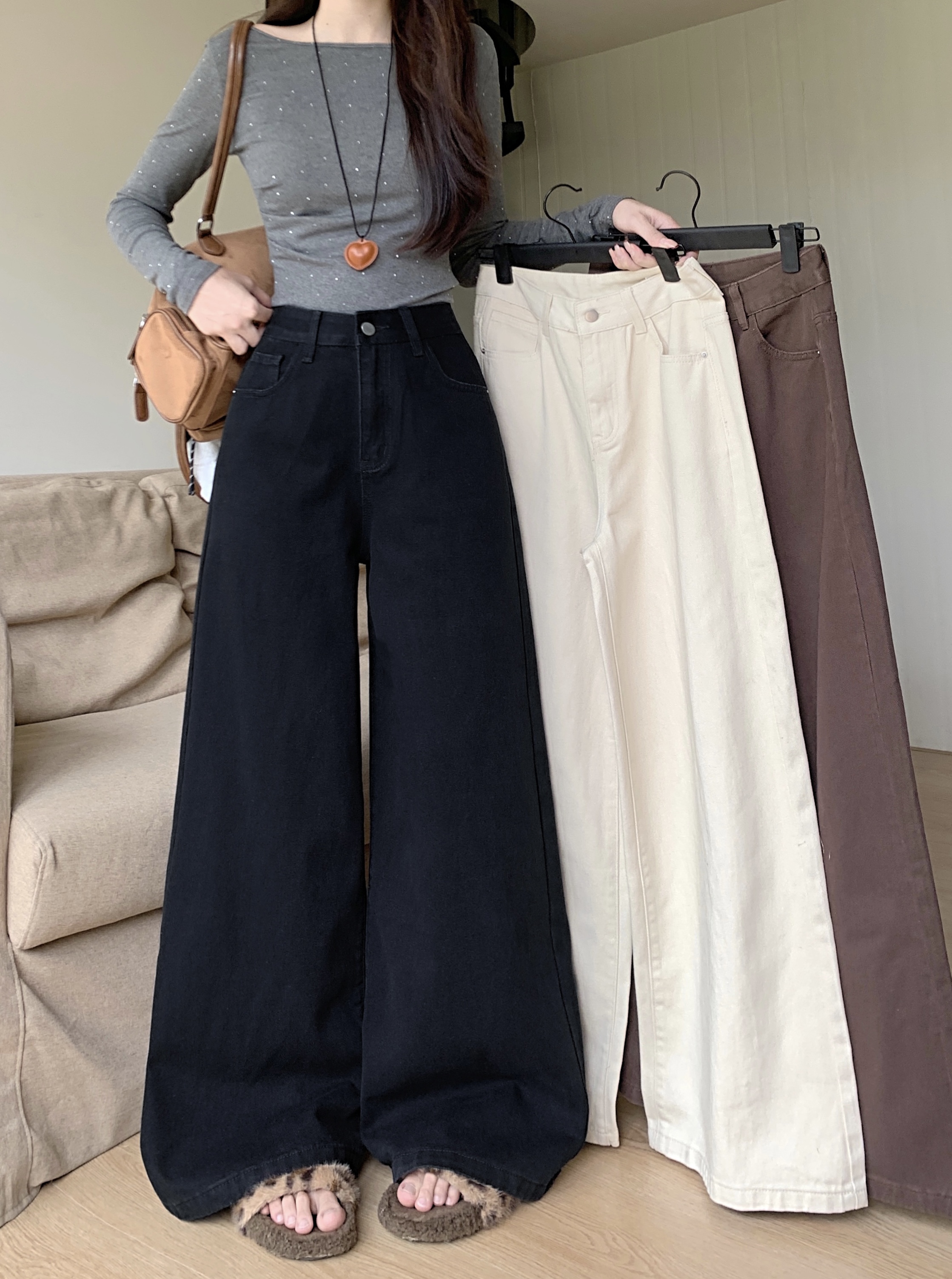 咖色宽松高腰牛仔裤女秋季百搭显瘦阔腿裤黑色垂感直筒裤拖地长裤
