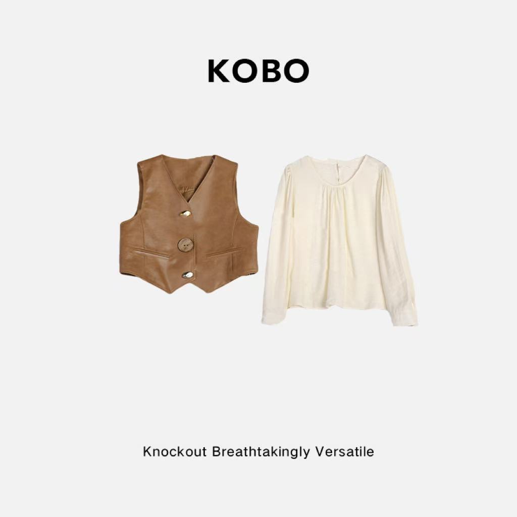 【KOBO】D080701 秋上新叠穿随性时髦洋气复古pu马甲+上衣套装