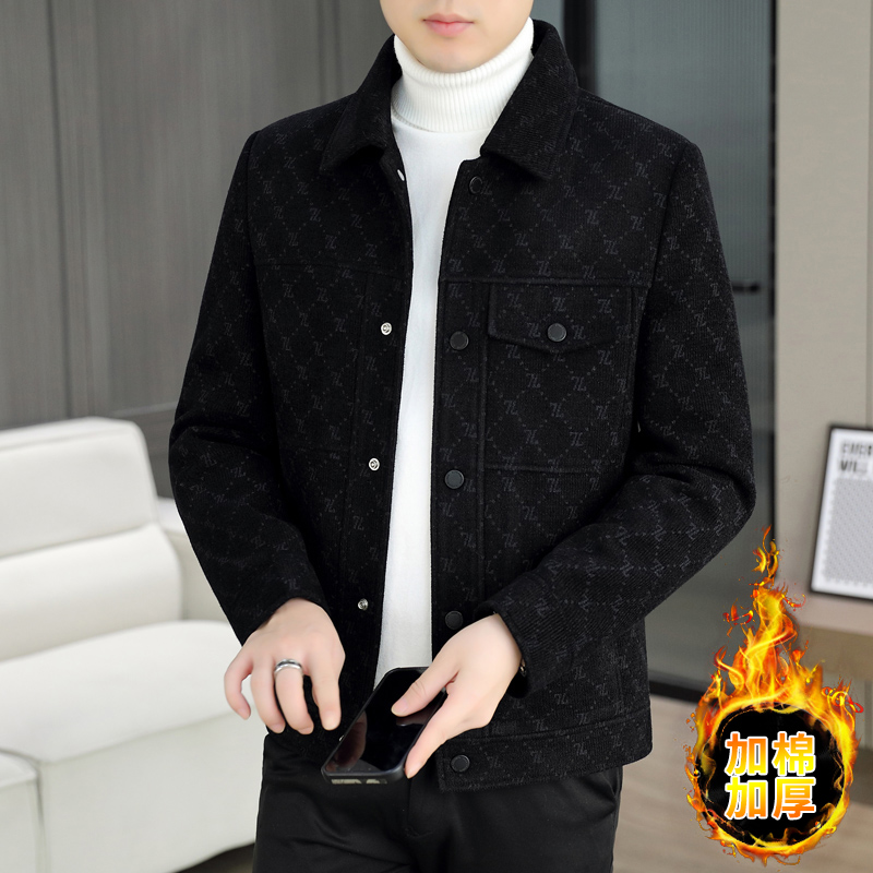冬季新款高品质男士翻领加绒毛呢大衣短款加厚夹克外套上衣7921