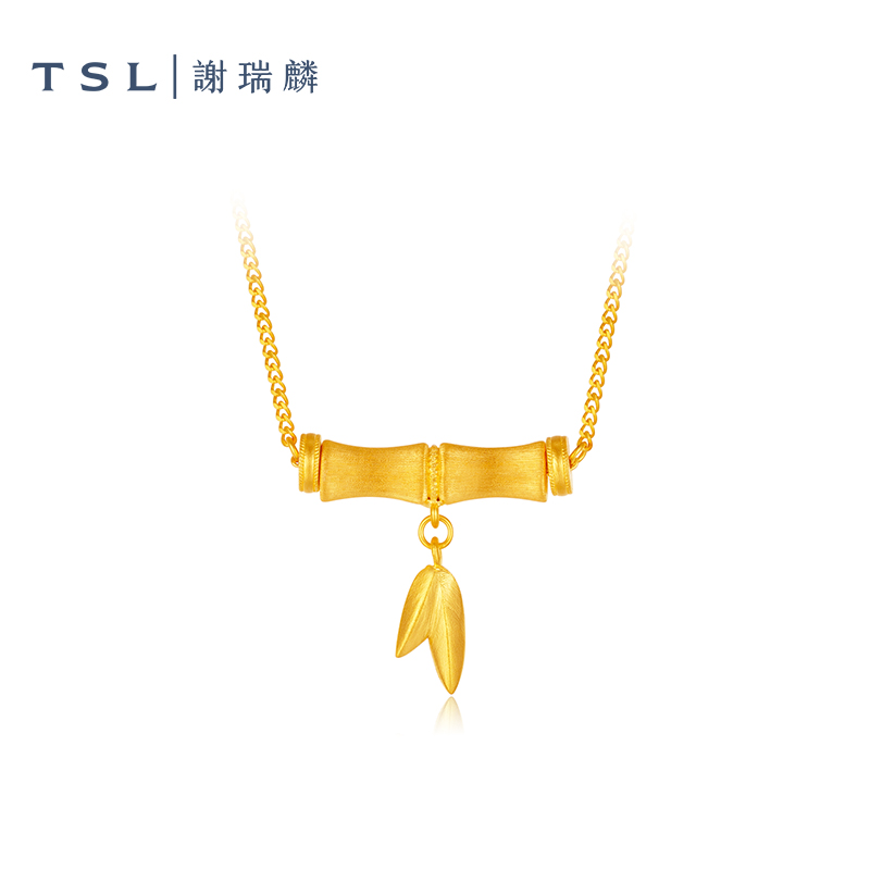 TSL/谢瑞麟计价足金竹节叶子套链黄金简约百搭女款节节高升项链