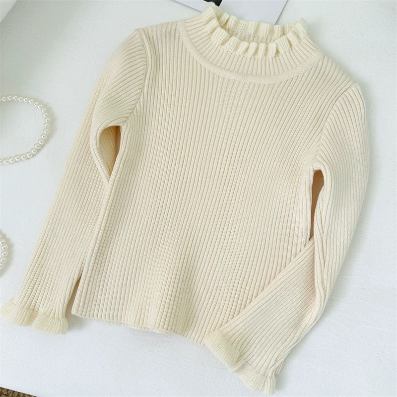 2025新款花边高领儿童毛衣甜美宝宝洋气百搭女孩纯色春季打底衫