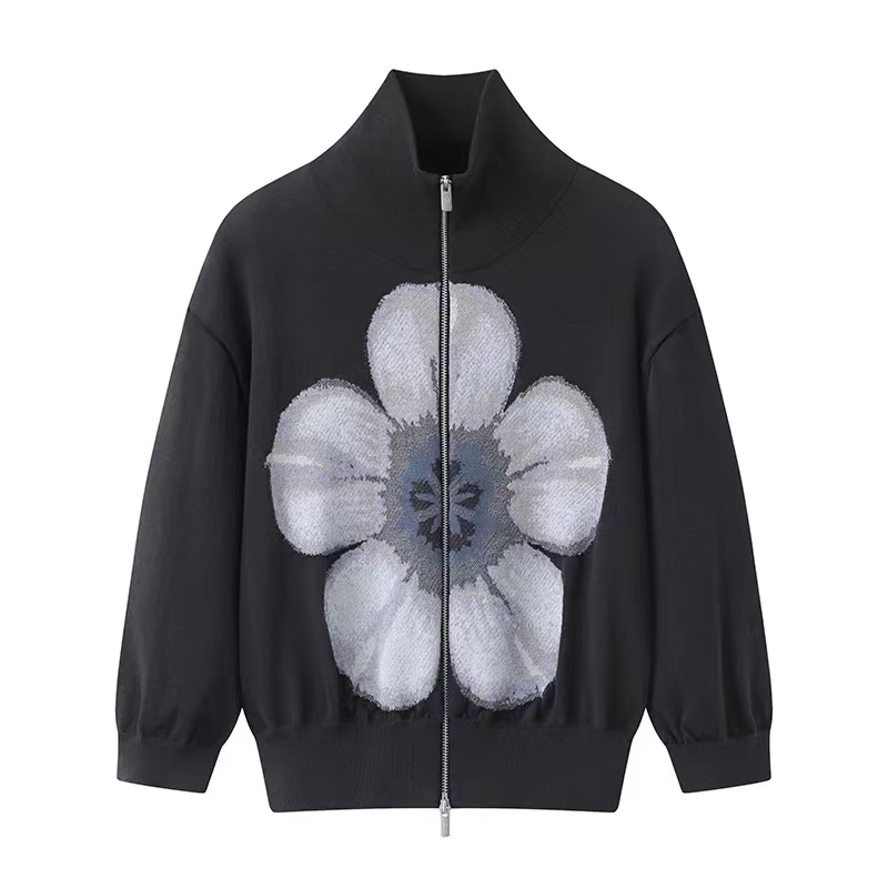 新款女装时尚百搭宽松花朵针织拉链开衫外套女