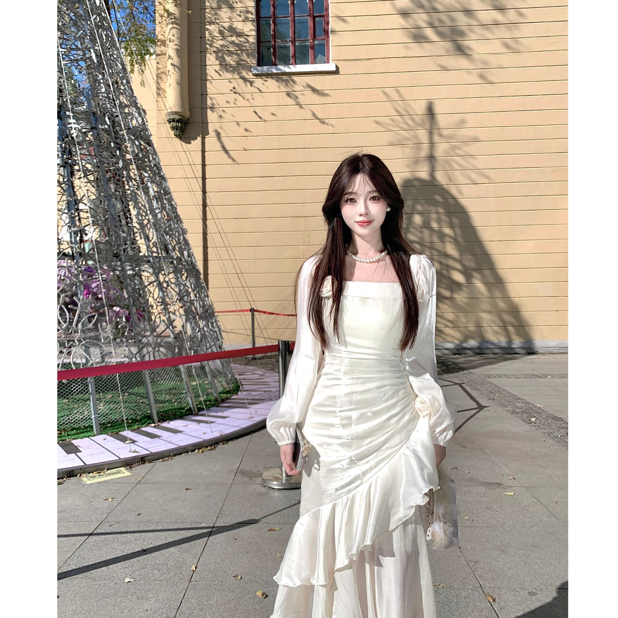 【糖糖】大码女装人鱼姬裙摆鎏光雪纺一字肩长袖连衣裙礼服裙13174