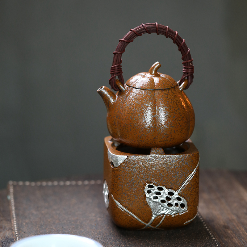 冠兴龙窑古法柴烧南瓜提梁煮茶壶宜兴原矿黄龙山紫玉龙砂400cccc 