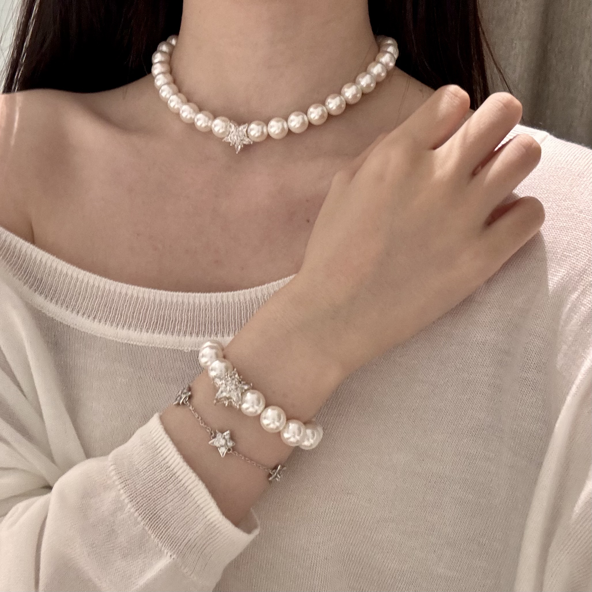 纯铜锆石手链 Luky幸运星系列 千金风高亮珍珠五角项链手链CP001