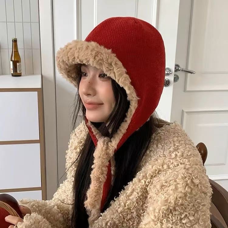安可拉红雷锋帽保暖显脸小绑带毛绒帽加厚防寒护耳帽子