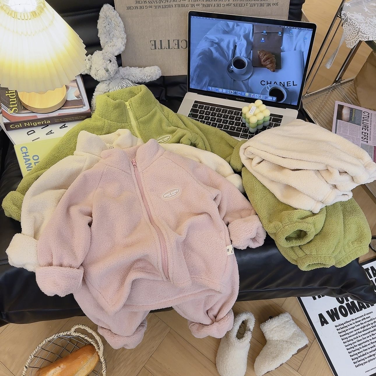 云朵绒男女儿童秋冬加绒加厚韩版双面绒中大童拉链外穿家居服套装
